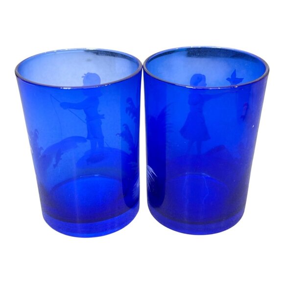 Fenton Mary Gregory Vintage Cobalt Blue Glass Tumblers Etched Boy & Girl Scene - Picture 3 of 6